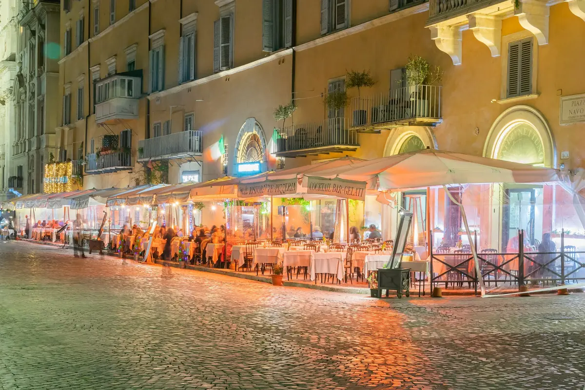 Café terraces on Piazza Navona in the evening
